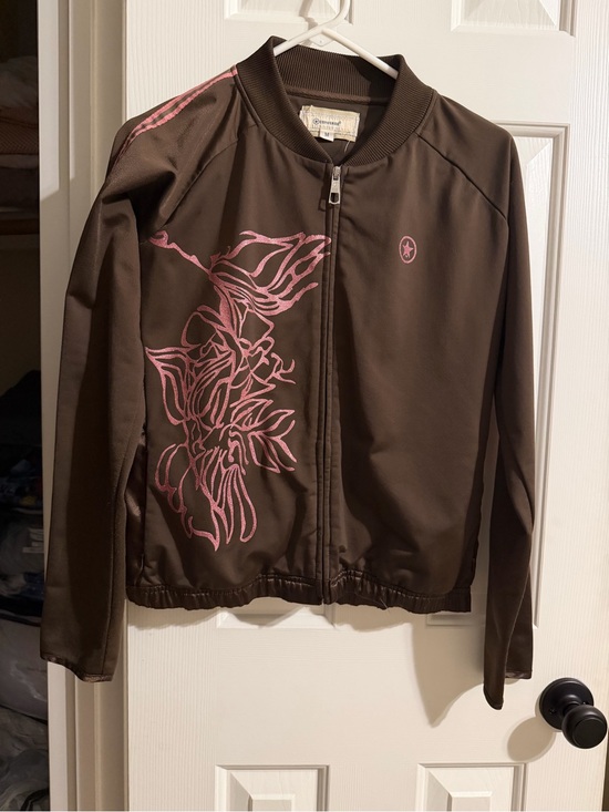 Converse Jackets & Blazers - Converse Brown Bomber Jacket with Pink Floral Embroidery
